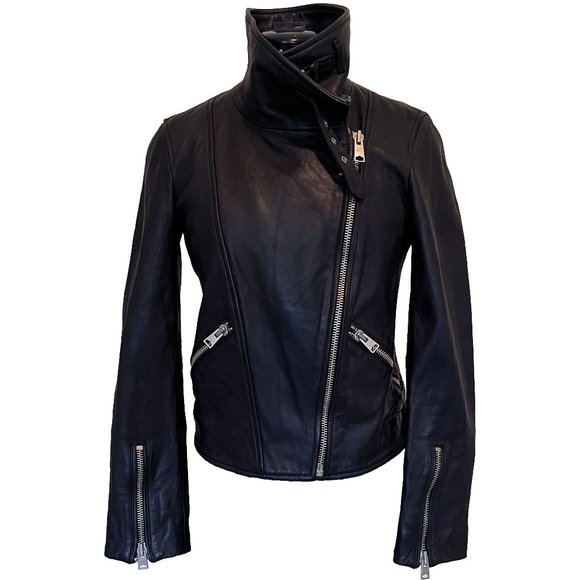 All Saints Lewin Leather Biker Jacket in Black, Size US 4 Small - Picture 2 of 16